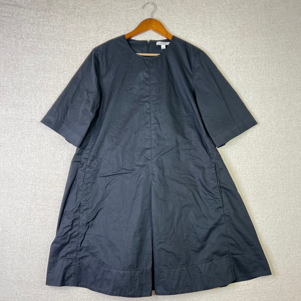 COS Black 100% Cotton Poplin Pleated Back A-Line Mini Dress EUR 38 US 8 Minimal